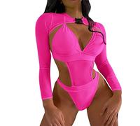 FYMNSI Rave Outfits Neon Body Crop Top con fibbia a maniche lunghe, costume da bagno Monokini Mesh Raver outfit per festival, club, feste, spiaggia, Rosa, L