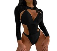 FYMNSI Rave Outfits Neon Body Crop Top con fibbia a maniche lunghe, costume da bagno Monokini Mesh Raver outfit per festival, club, feste, spiaggia, Nero , L