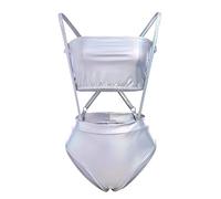 FYMNSI Reggiseno a Fascia da Donna et Mutandine Cinturino Top a Tubo Completo Bikini Sexy Body Metallizzato Lucido Effetto Bagnato Vestito da Ballo Rave Clubwear Argento Laser Medium