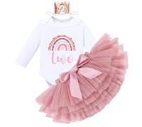 FYMNSI Set da 3 pezzi per il primo compleanno, stile bohémien, per il primo compleanno di una bambina, con pagliaccetto, gonna, tutù, gonna, copricapo, set da 3 pezzi, Rosa Polveroso Corona Due, 2