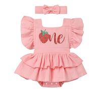 FYMNSI Set di vestiti per neonata, fragola/anguria, per il 1° compleanno, senza maniche, con fascia, 2 pezzi, Rosa fragola., 6-12 Mesi