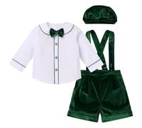 FYMNSI Set per il tempo libero per bambini, per il tempo libero, per feste, matrimoni, per bambini, camicia a maniche lunghe, con papillon, in velluto, pantaloni corti, cappello, verde scuro, 3-4