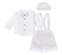 FYMNSI Set per il tempo libero per bambini, per il tempo libero, per feste, matrimoni, per bambini, camicia a maniche lunghe, con papillon, in velluto, pantaloni corti, cappello, bianco, 12-18 Mesi