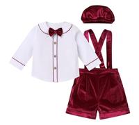 FYMNSI Set per il tempo libero per bambini, per il tempo libero, per feste, matrimoni, per bambini, camicia a maniche lunghe, con papillon, in velluto, pantaloni corti, cappello, rosso vivo, 2-3 Anni