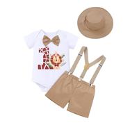 FYMNSI, tutina per bambini, per il primo compleanno, con tema giungla e safari, a maniche corte, con pantaloncini, bretelle a Y, cappello, set di 4 pezzi, cachi, 12-18 Months