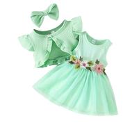 FYMNSI Vestito da bambina con fiori e cardigan, per l'autunno, per il tempo libero, in cotone, da principessa, per il compleanno, verde, 9-12 mesi