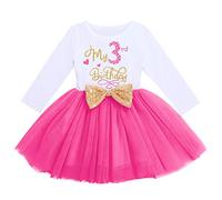 FYMNSI Vestito da bambina in cotone, a maniche lunghe, tutù, con paillettes, con fiocco, linea ad A, per feste, Rose - Il mio 3° compleanno, 3 Anni