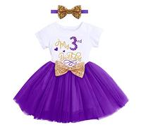 FYMNSI - Vestito da bambina per la festa di compleanno di 1, 2 o 3 anni, in cotone, a maniche corte, fascia con fiocco di paillettes, set da 2 pezzi, Lila - Mein 3. Geburtstag, 3 Anni