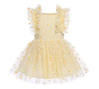 FYMNSI Vestito da battesimo per bambina, da principessa, da 1 anno, in tulle, da 0 a 24 mesi, Fiori gialli., 12-18 Mesi