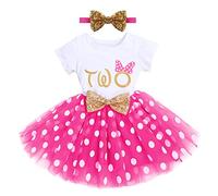 FYMNSI - Vestito da festa per 1° / 3° compleanno, in cotone, a maniche corte, in tulle con fiocco e paillettes, 2 pezzi Hot Pink Polka Dots - Due 2 Anni