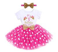 FYMNSI - Vestito da festa per 1° / 3° compleanno, in cotone, a maniche corte, in tulle con fiocco e paillettes, 2 pezzi Palloncino a pois rosa acceso - My 3rd Birthday 3 anni