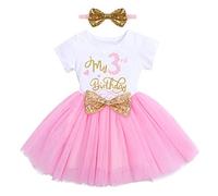 FYMNSI Vestito da festa per neonata per bambini 1°/3° compleanno in cotone a maniche corte da principessa in tulle con paillettes, fascia con fiocco,Il mio 3° compleanno, 3 anni