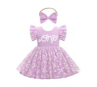 FYMNSI Vestito da principessa per il primo compleanno, con margherite e volant, in tulle, con fascia per capelli e fiocco, Viola, 18 mesi