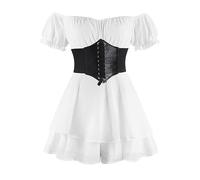 FYMNSI Vestito medievale da donna, costume gotico, stile retrò, senza spalline, a maniche corte, con cintura, corsetto, Halloween, pirata, cosplay, vittoriano, steampunk vichingo, bianco, S, 65577