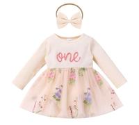 FYMNSI Vestito per il primo compleanno delle neonate con fiocco di neve a maniche lunghe con fiocco e fascia per capelli set autunno inverno vestiti, Albicocca, 12-18 Months