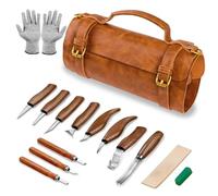 Fynokst Kit Intaglio Legno, 15 in 1 Set di Utensili da Intaglio Deluxe contengono Coltelli da Intaglio, Guanti, Composto per Lucidare, Borsa in Pelle, per Principianti/Professionisti