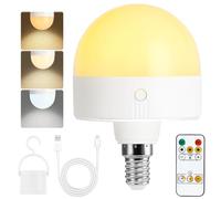 Fynokst Lampadina ricaricabile USB-C con controllo remoto, 3 colori, lampadina LED E14 dimmerabile con batteria, 5 W Touch Control con funzione temporizzata, luce emergente con magnetico, 1 Pezzis