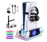 FYOUNG Supporto di raffreddamento e stazione di ricarica tutto in uno per console PS5/Slim/Pro e controller, dock di ricarica per PlayStation Portal, auricolare e supporto remoto con supporto luce RGB