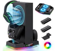 FYOUNG Supporto verticale per caricabatterie e stazione di raffreddamento per Xbox Series S, dock di ricarica controller di aggiornamento con luce 15 RGB, sistema di ventola di raffreddamento, 2