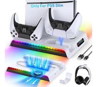 FYOUNG Supporto verticale per console PS5 Slim con ventola e controller di ricarica, supporto di raffreddamento multifunzione per PlayStation 5 Slim Accessori con luce 9RGB (solo per PS5 Slim)