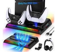 FYOUNG Supporto verticale per PS5 Slim con ventola di raffreddamento e controller stazione di ricarica, supporto di raffreddamento multifunzione per Playstation 5 Slim accessori con luce 9RGB (nero)