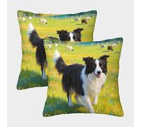 FYQTCIAN Set 2 Cartoon Federe Cuscini in Poliestere Lino Copricuscini Border Collie- Copricuscini Moderni Con Zip Nascosta, - Ideale Per Divano, Camera Da Letto E Salotto 40x40cm
