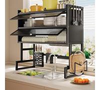 FYRDTNG Scolapiatti Sopra Lavello a 2 Livelli con Ante, Organizer Cucina in Acciaio al Carbonio, Stendipiatti Antipolvere Salvaspazio Professionale(Black,65cm/25.5in)