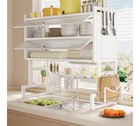 FYRDTNG Scolapiatti Sopra Lavello a 2 Livelli con Ante, Organizer Cucina in Acciaio al Carbonio, Stendipiatti Antipolvere Salvaspazio Professionale(White,65cm/25.5in)