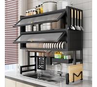 FYRDTNG Scolapiatti Sopra Lavello con Ante in PC, Organizer Cucina in Acciaio al Carbonio a 2 Livelli, Stendipiatti Antipolvere Salvaspazio, Professionale(Black,105cm/41.3in)