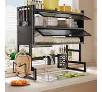 FYRDTNG Scolapiatti Sopra Lavello con Ante in PC, Organizer Cucina in Acciaio al Carbonio, Stendipiatti Antipolvere, Salvaspazio Professionale, Multifunzionale(Black,95cm/37.4in)