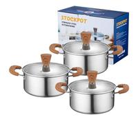 FytStycale 3 Pezzi Batteria di Pentole Acciaio Inox Pentola Casseruola Coperchio Manici Laterali Robusti Pomelli Arrotondati Distribuzione Omogenea Del Calore, Grana Del Legno, 16-18-20CM