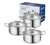 FytStycale 3 Pezzi Batteria di Pentole Acciaio Inox Pentola Casseruola Coperchio Manici Laterali Robusti Pomelli Arrotondati Distribuzione Omogenea Del Calore, Manico Argento, 16-18-20CM