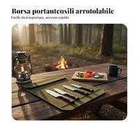 FytStycale Custodia Portautensili da Chef Borsa Rotolo Portacoltelli Tasca Portaposate Organizer Porta Accessori in Tela Cerata Antitaglio con Lacci di Chiusura, Verde Militare