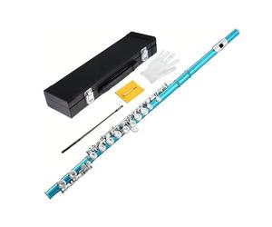 FytStycale Flauto Traverso Placcato Cupronickel 16 Tasti C Offset Foro Imboccatura Angolata Meccanismo Chiuso Cuscinetti Pelle Adatto a Principianti Banda Pratica Concerto, Blu Cielo