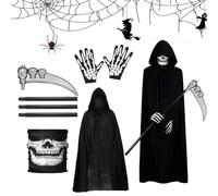 FYZSJWL Costume da Mietitore per Adulto,Costume da Mietitore di Halloween,con Maschera da Teschio, Falce, Guanti da Scheletro, Mantello,Costume da Grim Reaper,per Halloween,Mascherata,Cosplay