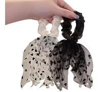 FZBNSRKO 2 elastici per capelli con fiocco, per donne e ragazze, in chiffon, motivo floreale, retrò, tinta unita, accessori per donne e ragazze (beige, nero)