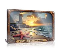 FZFN Bar Man Cave Decor Sunset Serenity: Lighthouse By The Sea With Starfish and Shells Targa in metallo vintage divertente per garage (20 x 30 cm)