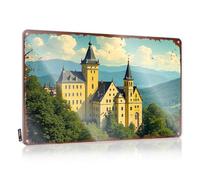 FZFN Cartello con piscina e decorazione per esterni con castello dorato in mezzo a una lussureggiante foresta verde con maestose montagne in latta cartello divertente decorazione per camera da letto