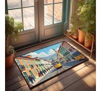 FZFN Decorazione da bar per la casa, colorata scena stradale con tram e architettura storica, zerbino decorativo per esterni, grandi tappetini di benvenuto per esterni (65 x 90 cm)
