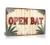 FZFN Decorazione da parete in metallo, cartello rustico tropicale "Open Bat" con fronde di palma, accessori da garage per uomo grotta uomo grotta cartelli per grotte (20 x 30 cm)