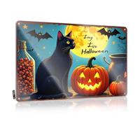 FZFN Decorazione da parete in metallo con scritta "Halloween Night: Black Cat, Jack-O'-Lantern, and Bats, targa in latta, accessori per garage, per uomo caverna, cartelli per grotte (30 x 40 cm)