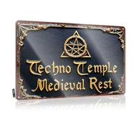FZFN Decorazione e accessori per la grotta dell'uomo con emblema dorato del tempio techno riposo medievale targa in latta divertente decorazione per la casa vintage (30 x 40 cm)