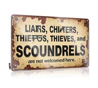 FZFN Decorazione per porta per camera da letto, cartello di benvenuto: No Liars, Cheaters, Thieves, Or Scoundrels Allowed, targa in latta per esterni, decorazione per bar e sport (20 x 30 cm)