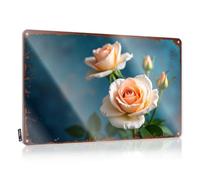 FZFN Placca da ragazza quadrata con rose di pesca morbide che sbocciano su uno sfondo blu, facile da appendere (30 x 40 cm)