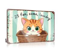 FZFN Targa decorativa per la casa, con scritta in lingua inglese "25 Fan, Come Laundry: simpatico gatto nel cestino", in metallo, con regole del bar (30 x 40 cm)