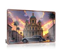 FZFN Targa in metallo con decorazione vintage auto davanti alla grande cattedrale al tramonto, targa in latta divertente per la casa dei ragazzi (20 x 30 cm)