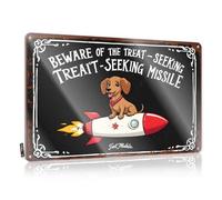 FZFN Targa in metallo con scritta "Man Cave Signs and Decor Dog On Rocket: Beware of Treat-Seeking Missile Targhett" in metallo, stile vintage, divertente, 20 x 30 cm