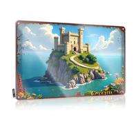 FZFN Targa in metallo retrò con castello delle fiabe su un'isola pittoresca, decorazione per la casa per uomini, divertente targa in metallo vintage (20 x 30 cm)