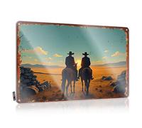 FZFN Targa in metallo vintage con due cowboys che guardano il tramonto nel deserto occidentale, targa in latta per camera da letto e porta divertente (30 x 40 cm)