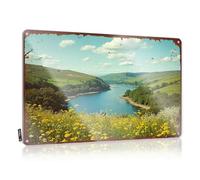 FZFN Targa vintage in latta con divertenti campi di fiori che si affacciano su un lago sereno in una giornata di sole, cartello in latta Mancave e decorazione per bar in metallo (20 x 30 cm)